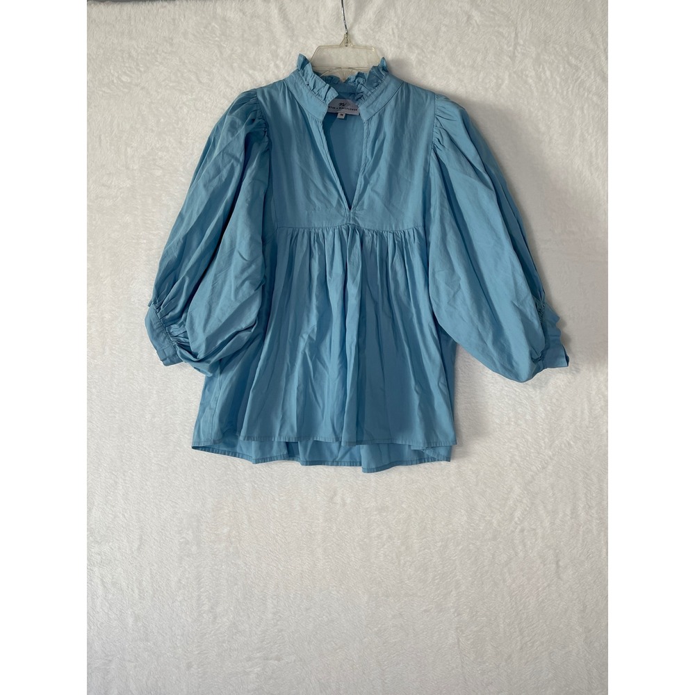 Never A Wallflower Blue Cotton Puff Sleeve Ruffle Neck Babydoll Blouse Womens M